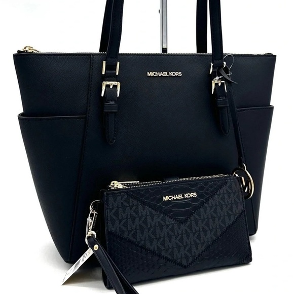 Michael Kors Large Charlotte Tote Bag & Large Double Zip Wallet Black - Picture 1 of 13